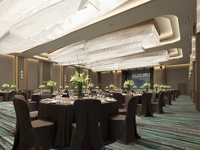 Luxurious Banquet Hall Interior With Crystal Chandeliers Round Tables And Flower Decorations 3d model