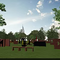 Outdoor Kids Playground with Red Brick Climbers Yellow Barrels Black Canopy Green Lawn Trees Benches