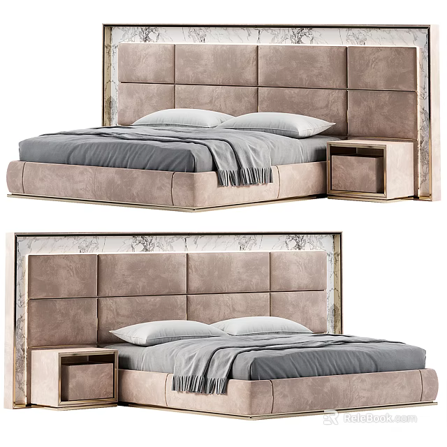 Modern Tufted Double Bed With Upholstered Headboard And Wooden Nightstand 3d model 