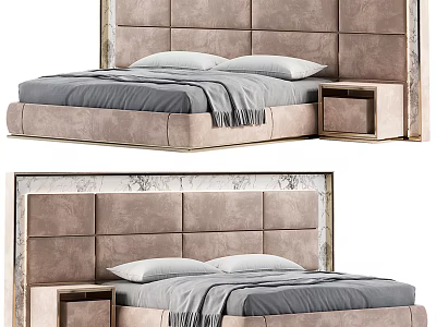 Modern Tufted Double Bed With Upholstered Headboard And Wooden Nightstand 3d model