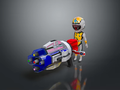 Cartoon Style Sci Fi Game Character in Yellow White Outfit With Helmet And Large Weapon 3d model