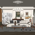 Elegant Living Room Featuring White Sofa Gray Cushions Wooden Coffee Table Chandelier And Herringbone Flooring