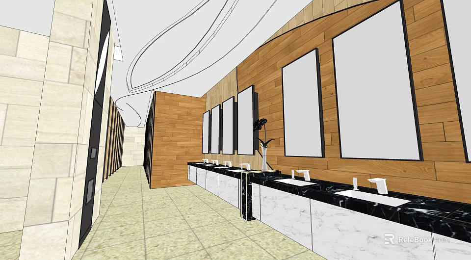 Public Restroom Interior With Modern Design Wooden Walls Large Mirrors And Marble Countertops 3d model 