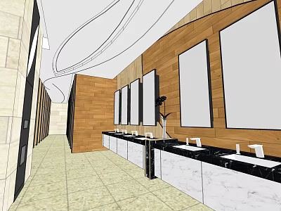 Public Restroom Interior With Modern Design Wooden Walls Large Mirrors And Marble Countertops 3d model