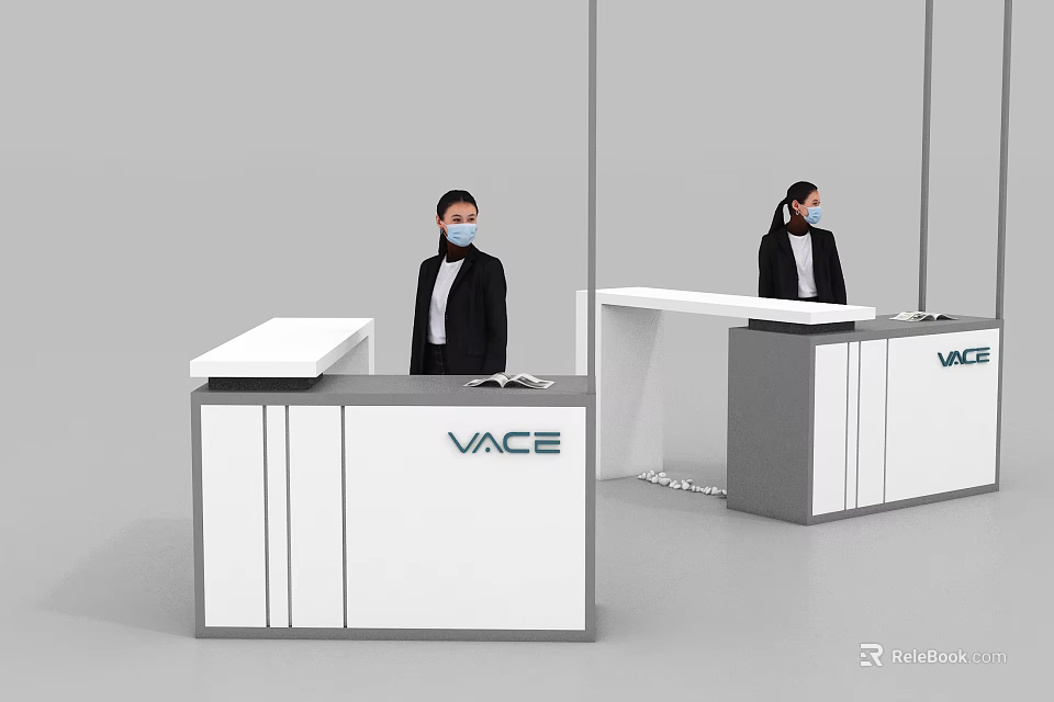 Modern White And Gray VACE Reception Desks With Staff in Black Suits And Face Masks 3d model 