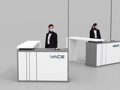 Modern White And Gray VACE Reception Desks With Staff in Black Suits And Face Masks 3d model