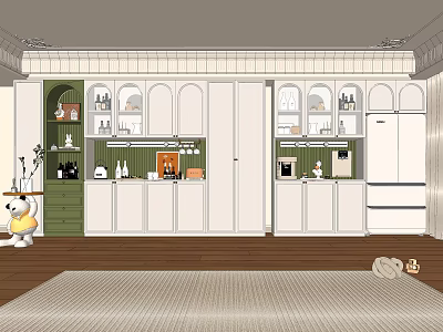 Stylish Wine Cabinet In Modern Kitchen Interior With White Cabinets And Green Accents 3d model