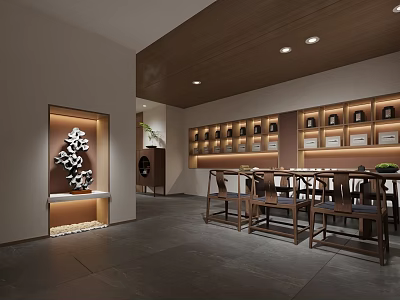 Traditional Teahouse Interior Design With Wooden Tables Chairs Tea Sets Shelves And Wall Decor 3d model