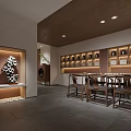 Traditional Teahouse Interior Design With Wooden Tables Chairs Tea Sets Shelves And Wall Decor