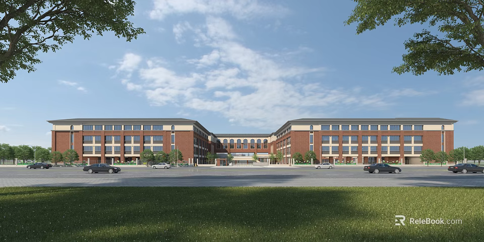 Modern Red Brick School Building With Symmetrical Design Green Lawn And Clear Blue Sky 3d model 