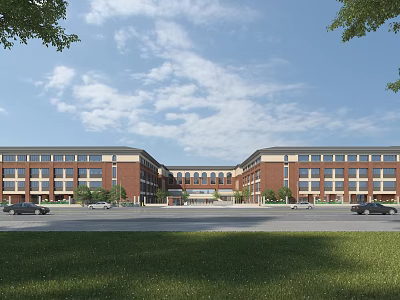Modern Red Brick School Building With Symmetrical Design Green Lawn And Clear Blue Sky 3d model