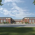 Modern Red Brick School Building With Symmetrical Design Green Lawn And Clear Blue Sky