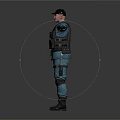 Full Body Security Officer in Blue Uniform Tactical Vest Cap Standing With Outstretched Arms