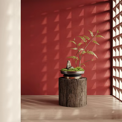 Green Bonsai Plant With Moss on Wooden Stump Base Against Red Wall With Triangular Shadows 3d model