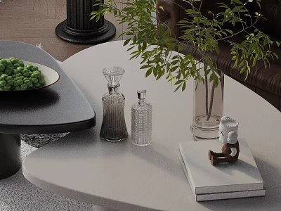 Modern Sofa and Coffee Table Set with Glass Vases Green Plants and Decorative Books 3d model