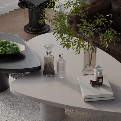 Modern Sofa and Coffee Table Set with Glass Vases Green Plants and Decorative Books 3d model