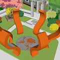 Abstract Orange Sculptures In Garden Landscape With Green Trees Decorative Gate And Water Feature