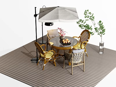 Outdoor Table Setup With Umbrella Chairs And Potted Plant On Wooden Deck 3d model