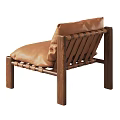 Modern Brown Leather Accent Chair With Wooden Frame And Woven Backrest Details