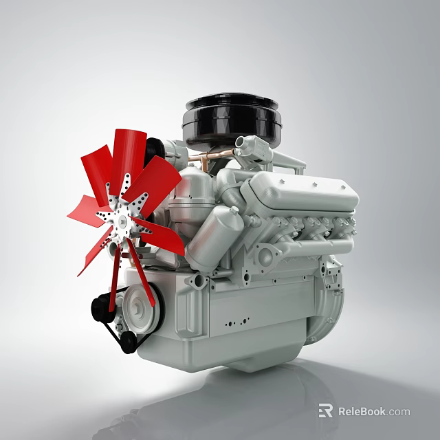 Engine with Red Fan Blades Black Cover and Silver Body Structure 3d model