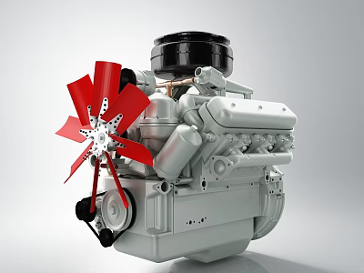 Engine with Red Fan Blades Black Cover and Silver Body Structure 3d model