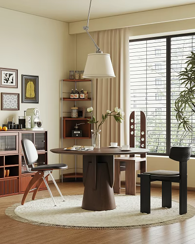 Retro Style Solid Wood Dining Table Set With Comfortable Chairs For Warm Home Dining Room 3d model