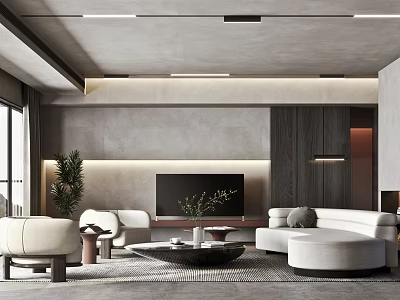 Modern Living Room Interior With White Sofa Wooden TV Wall And Green Plant 3d model