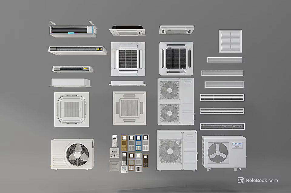Various Types of Air Conditioners and Fans Including Wall Mounted and Floor Units 3d model 