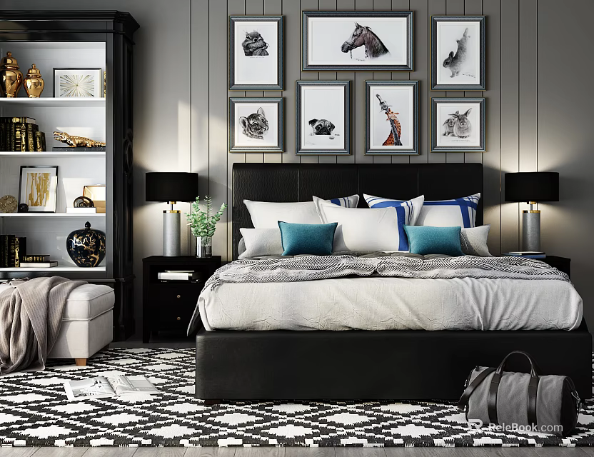 Modern Bedroom Double Bed with Background Animal Art Blue Pillows Nightstands and Table Lamps 3d model 