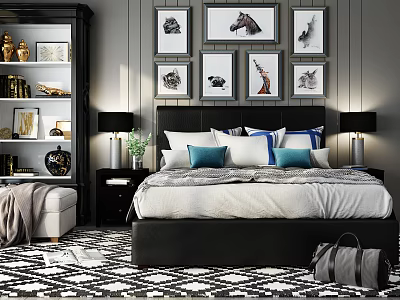 Modern Bedroom Double Bed with Background Animal Art Blue Pillows Nightstands and Table Lamps 3d model
