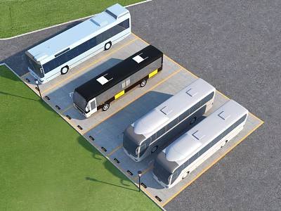 Outdoor Parking Lot With Multiple Buses Properly Parked In Designated Spaces 3d model