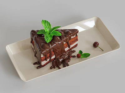 Chocolate Cake With Chocolate Drizzle Fresh Mint Leaves And Cherries On White Rectangular Plate 3d model