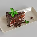 Chocolate Cake With Chocolate Drizzle Fresh Mint Leaves And Cherries On White Rectangular Plate 3d model