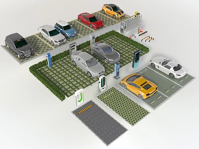 Modern Parking Lot With Electric Vehicle Charging Stations Green Areas And Entry Gates 3d model