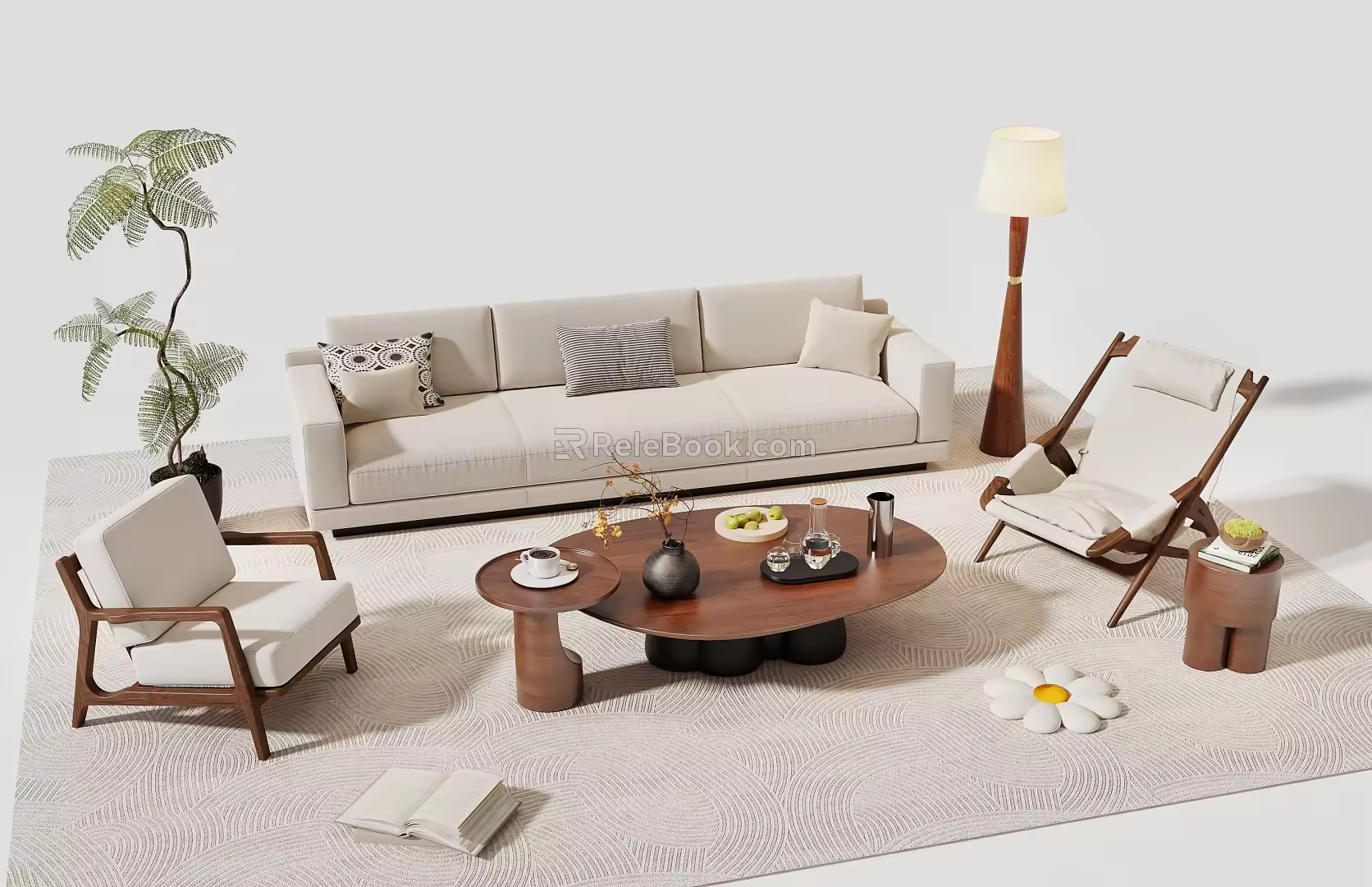 Modern Middle Ancient Style Sofa Combination Leisure Sofa Coffee Table Potted Floor Lamp Carpet Leisure Chair 3d model