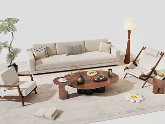 Modern Middle Ancient Style Sofa Combination Leisure Sofa Coffee Table Potted Floor Lamp Carpet Leisure Chair 3d model