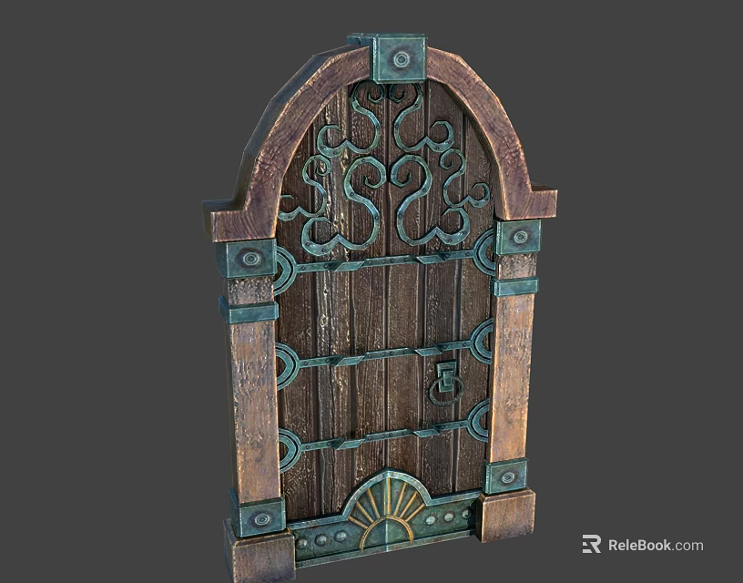 Vintage Wooden Door With Arched Top Metal Decorative Patterns And Hinges 3d model 