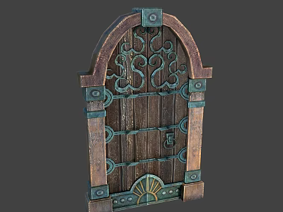 Vintage Wooden Door With Arched Top Metal Decorative Patterns And Hinges 3d model
