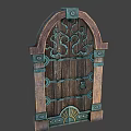 Vintage Wooden Door With Arched Top Metal Decorative Patterns And Hinges