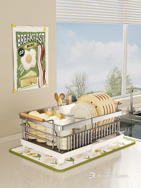 Kitchen Dish Drying Rack With Plates Toast Slices And Wooden Utensils Near Window 3d model 