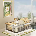 Kitchen Dish Drying Rack With Plates Toast Slices And Wooden Utensils Near Window