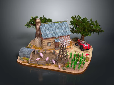 Miniature Log Cabin Farm Model With Blue Roof Chimney Tree Windmill Red Tractor And Pigs 3d model