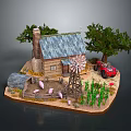 Miniature Log Cabin Farm Model With Blue Roof Chimney Tree Windmill Red Tractor And Pigs