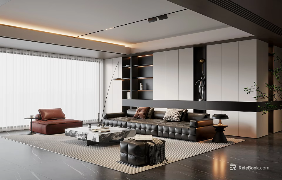 Modern Living Room Interior With Black Leather Sofa Brown Armchair Coffee Table And Area Rug 3d model 
