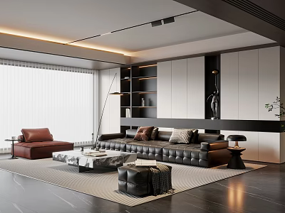 Modern Living Room Interior With Black Leather Sofa Brown Armchair Coffee Table And Area Rug 3d model