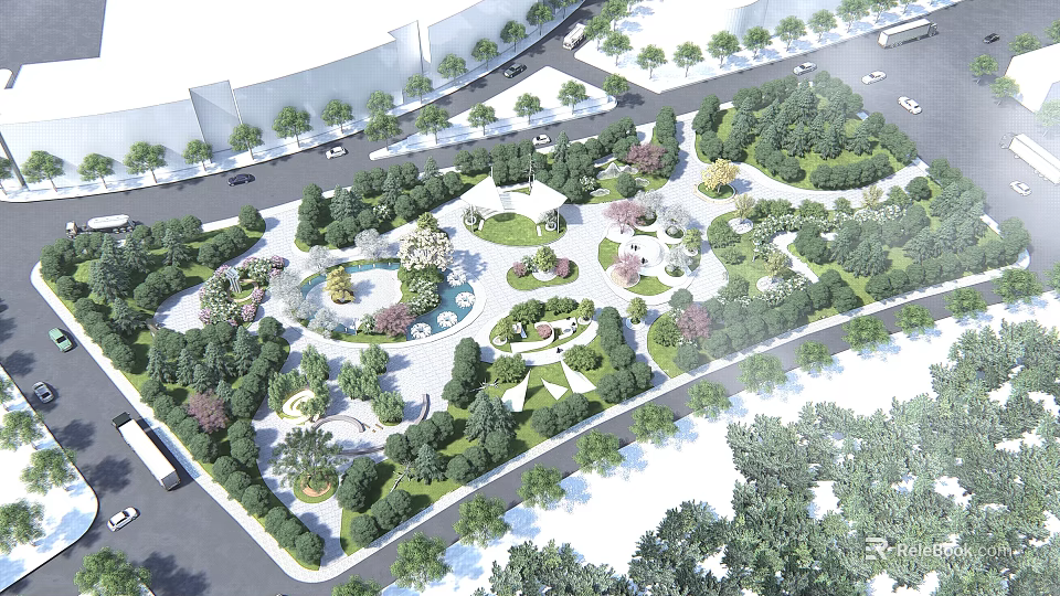 Park Landscape Design With Lush Greenery Circular Paths And Central Garden Area 3d model 