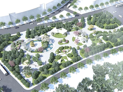 Park Landscape Design With Lush Greenery Circular Paths And Central Garden Area 3d model