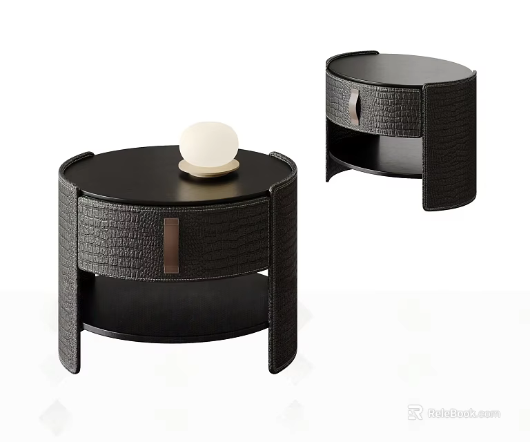 Modern Black Bedside Tables With Crocodile Texture Round Top And White Lamp 3d model 
