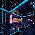 Modern Bar Interior Design With Purple Lighting Bar Counter Liquor Bottles And Comfortable Seating