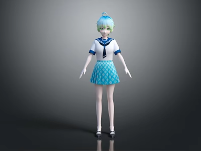 3D Anime Character With Light Blue Hair In Sailor Uniform And Polka Dot Skirt 3d model